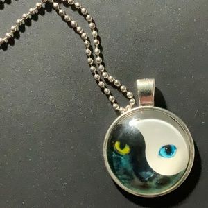 Silver Cabochon Necklace - Yin Yang Chimera Cat Eyes
